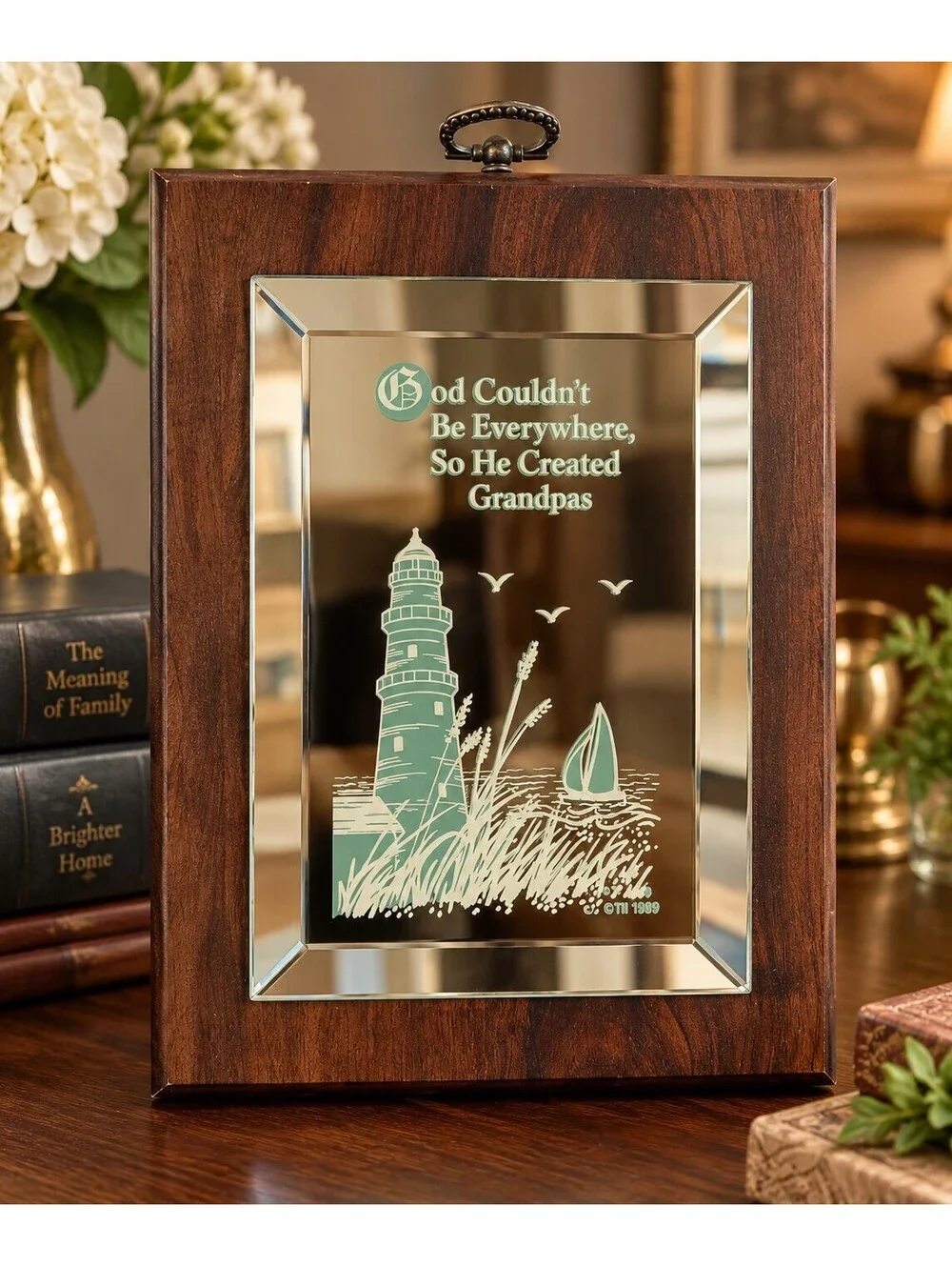 Vintage 1989 Grandpa Mirrored Plaque Lighthouse Wood Frame 7x8 TII